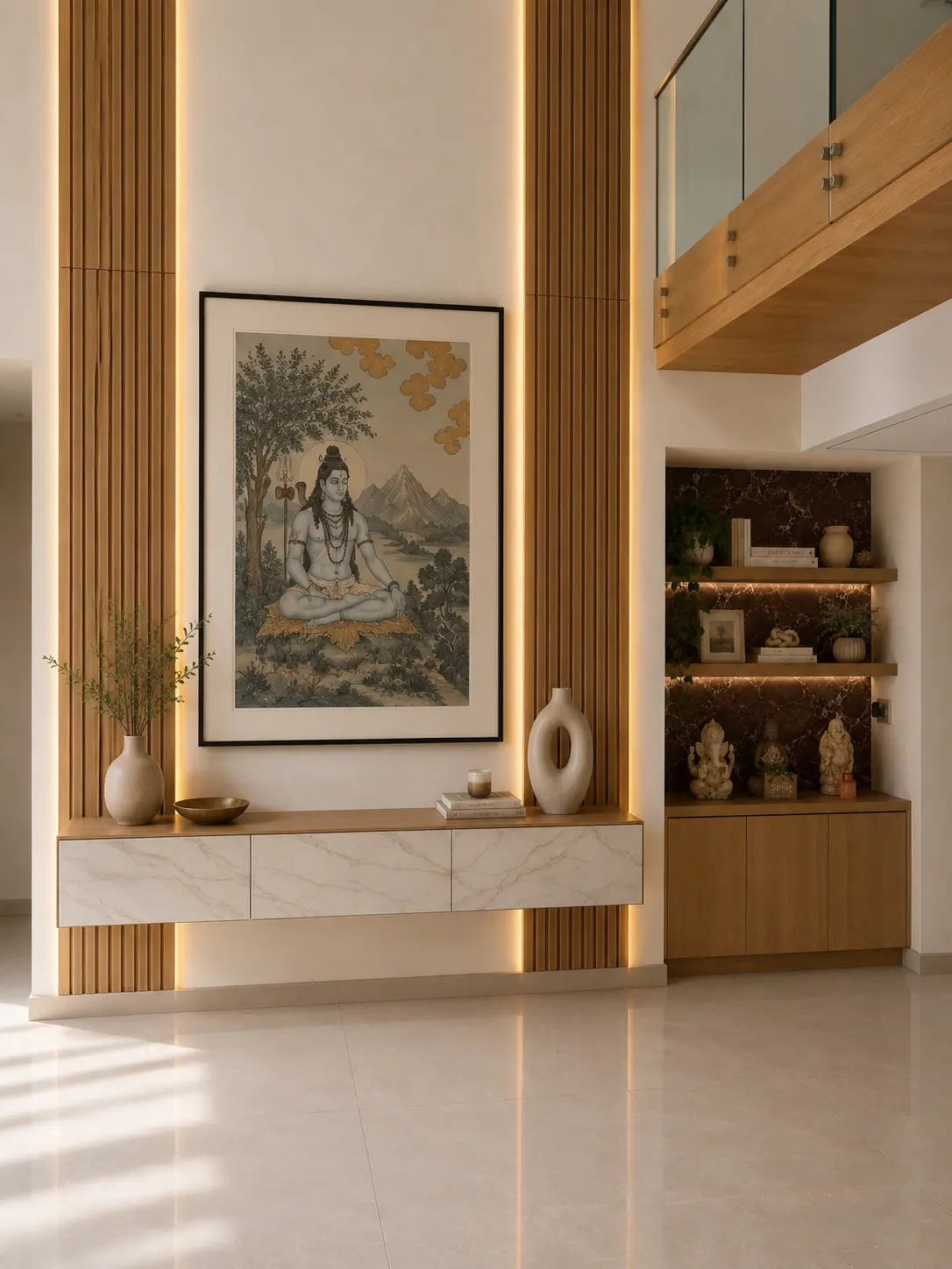 Warm-lit entrance hall showing the illuminated oak slat main wall beside the marble-backed display niche
