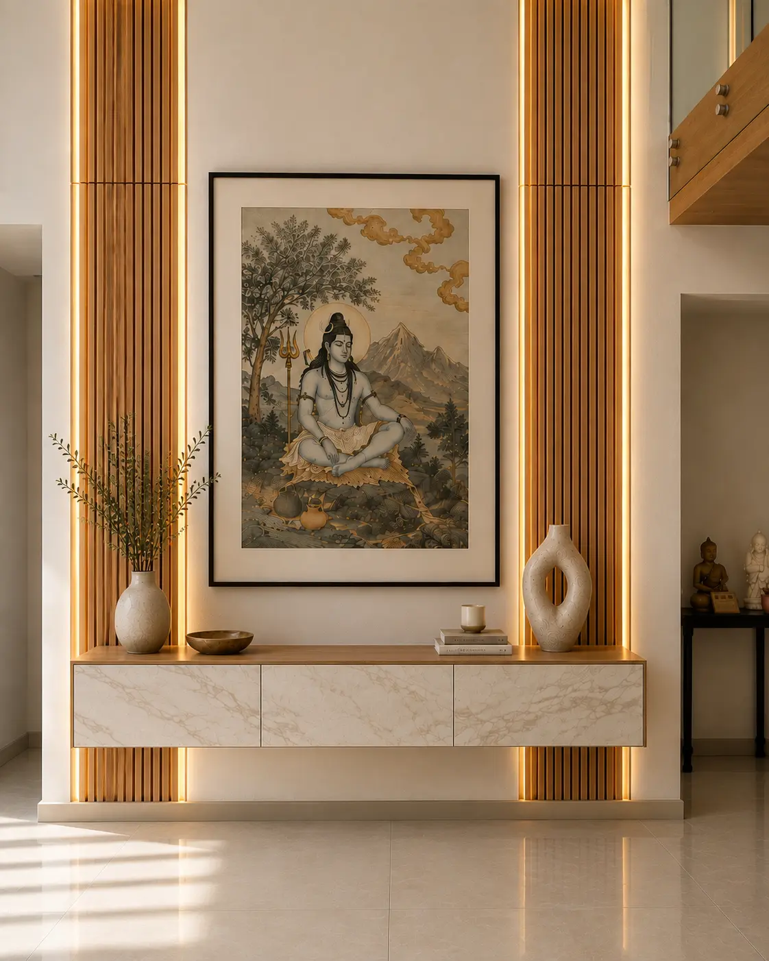 Floating console with light stone drawer fronts between backlit fluted oak battens beneath a framed artwork