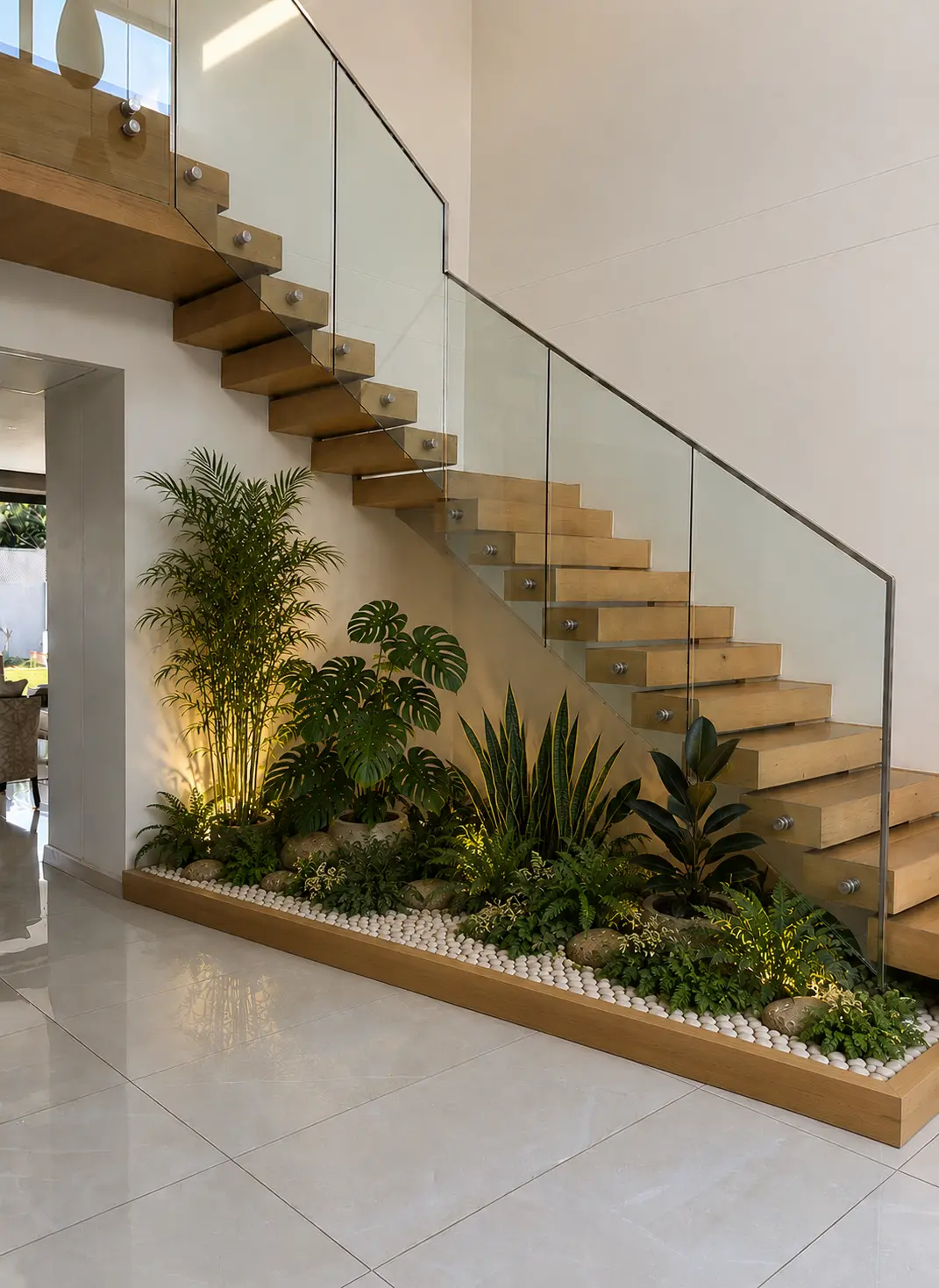 Under-stair planting bed of white pebbles and layered greenery beneath a floating timber staircase with glass balustrade